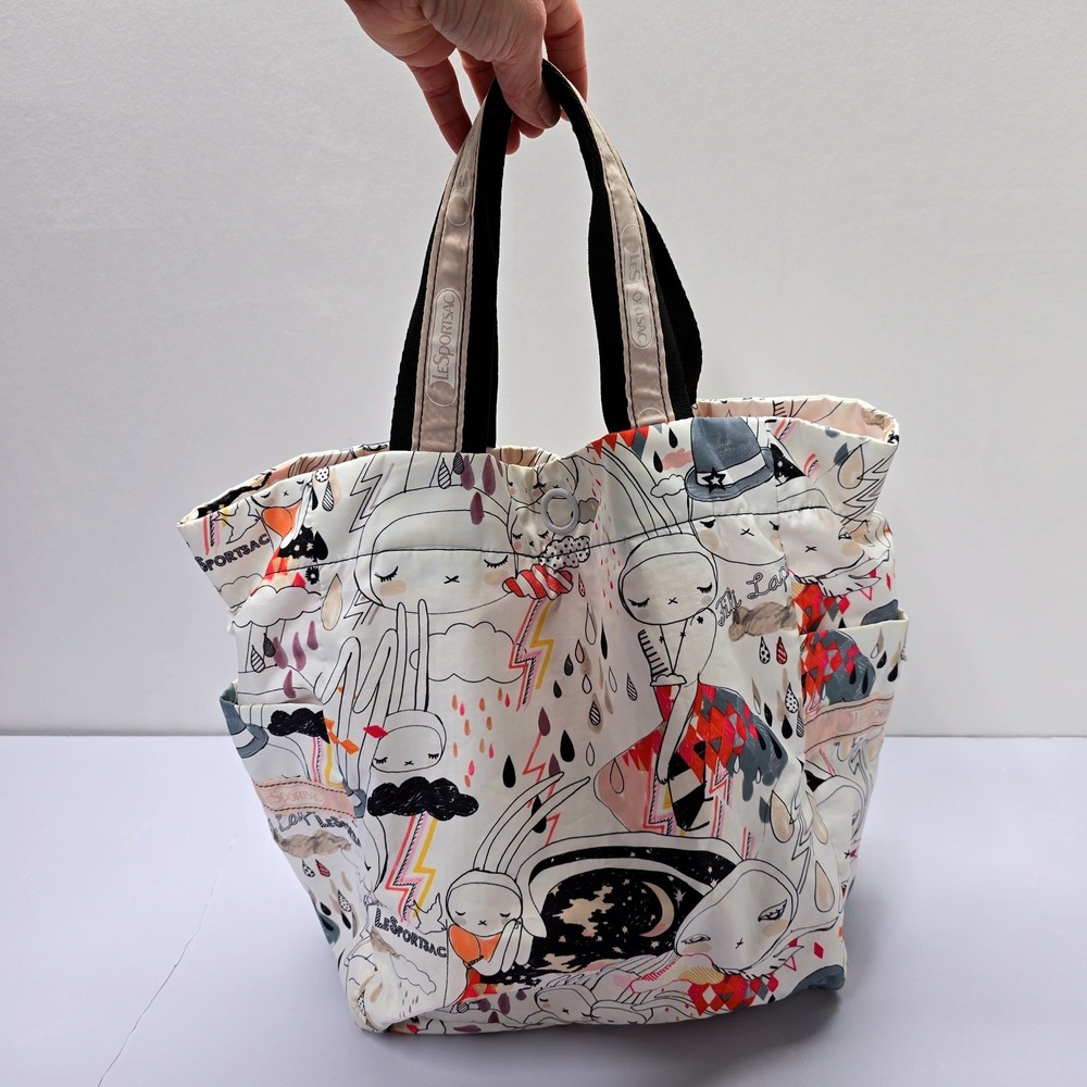 Rare LeSportsac Artist In Residence Fifi Lapin Bunny Print Nylon Tote Bag White